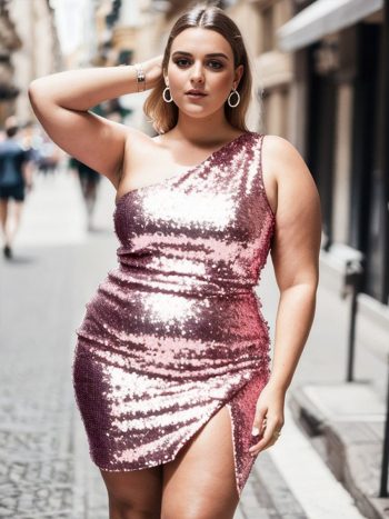 Plus Size Shiny One Shoulder Sequin Bodycon Sleeveless Homecoming Dress - Purple Orchid