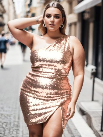 Plus Size Shiny One Shoulder Sequin Bodycon Sleeveless Homecoming Dress - Rose Gold
