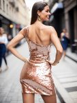 Shiny One Shoulder Sequin Bodycon Sleeveless Homecoming Dress – Rose Gold