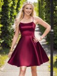 Satin Spaghetti Strap A-Line Backless Short Homecoming Dress – Burgundy