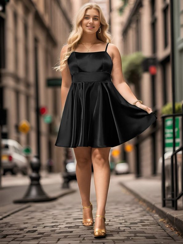 Satin Spaghetti Strap A-Line Backless Short Homecoming Dress - Black