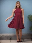 Plus Size Short Lace Halter Neck Backless Chiffon Homecoming Dress – Burgundy