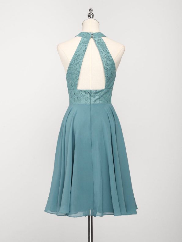 Short Lace Halter Neck Backless Chiffon Homecoming Dress - Dusty Blue