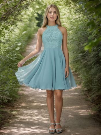 Short Lace Halter Neck Backless Chiffon Homecoming Dress - Dusty Blue