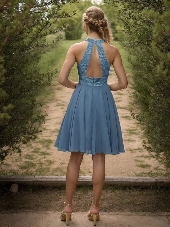 Short Lace Halter Neck Backless Chiffon Homecoming Dress - Dusty Navy