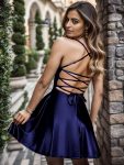 Plus Size Spaghetti Strap A-Line Back Lace-Up Short Homecoming Dress – Navy Blue