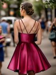 Double Spaghetti Strap with Rhinestone Satin A-Line Homecoming Dress – Burgundy