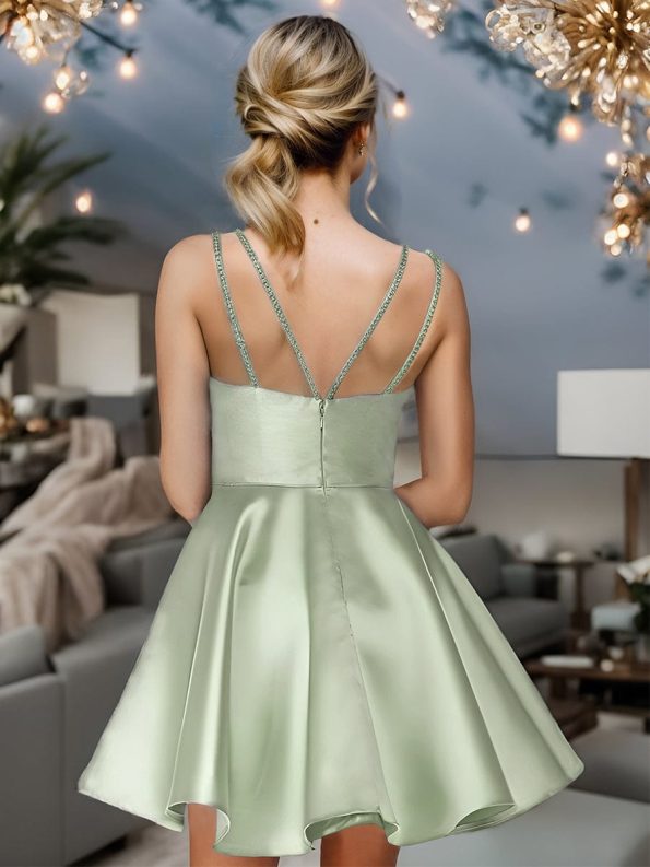 Double Spaghetti Strap with Rhinestone Satin A-Line Homecoming Dress - Sage Green