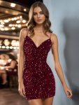 Plus Size Sparkly Sequin Back Lace-Up Spaghetti Strap V-Neck Homecoming Dress - Burgundy