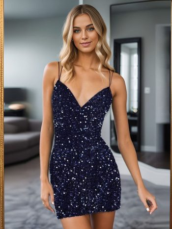 Plus Size Sparkly Sequin Back Lace-Up Spaghetti Strap V-Neck Homecoming Dress - Navy Blue