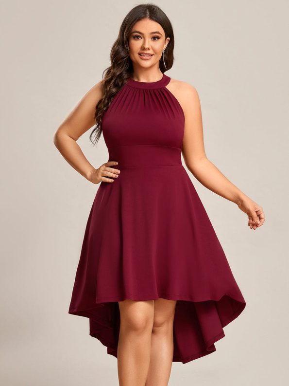 Halterneck Fashion Knee-Length A-Line Wedding Guest Dress - Burgundy