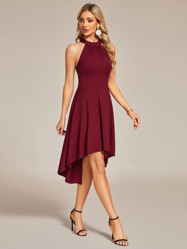 Halterneck Fashion Knee-Length A-Line Wedding Guest Dress - Burgundy