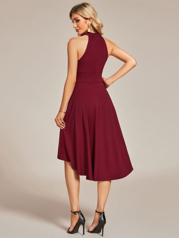 Halterneck Fashion Knee-Length A-Line Wedding Guest Dress - Burgundy