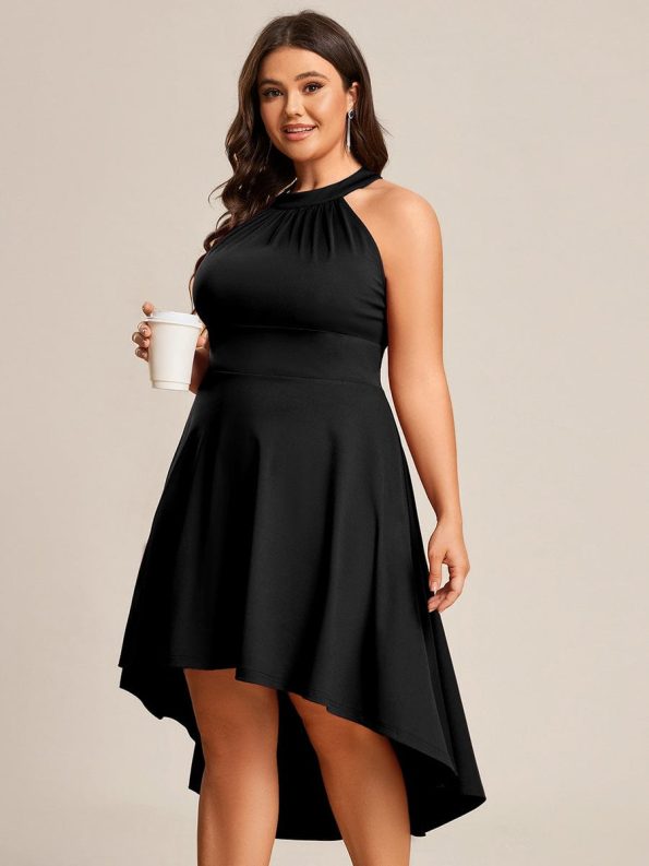 Halterneck Fashion Knee-Length A-Line Wedding Guest Dress - Black