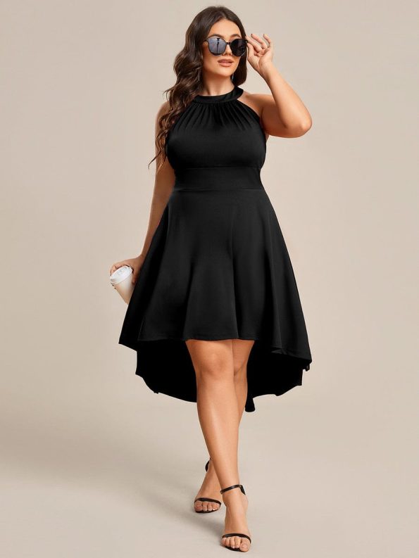 Halterneck Fashion Knee-Length A-Line Wedding Guest Dress - Black