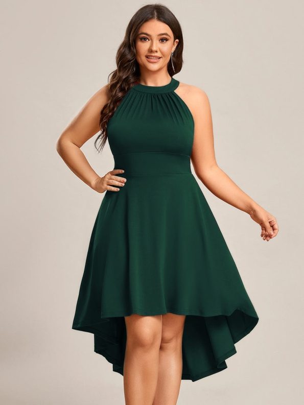 Halterneck Fashion Knee-Length A-Line Wedding Guest Dress - Dark Green