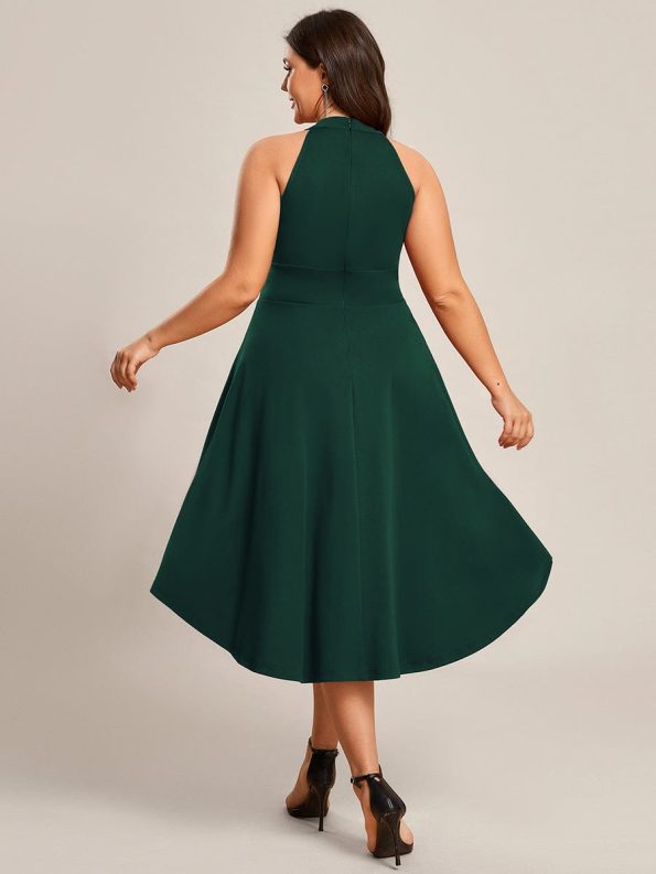 Halterneck Fashion Knee-Length A-Line Wedding Guest Dress - Dark Green