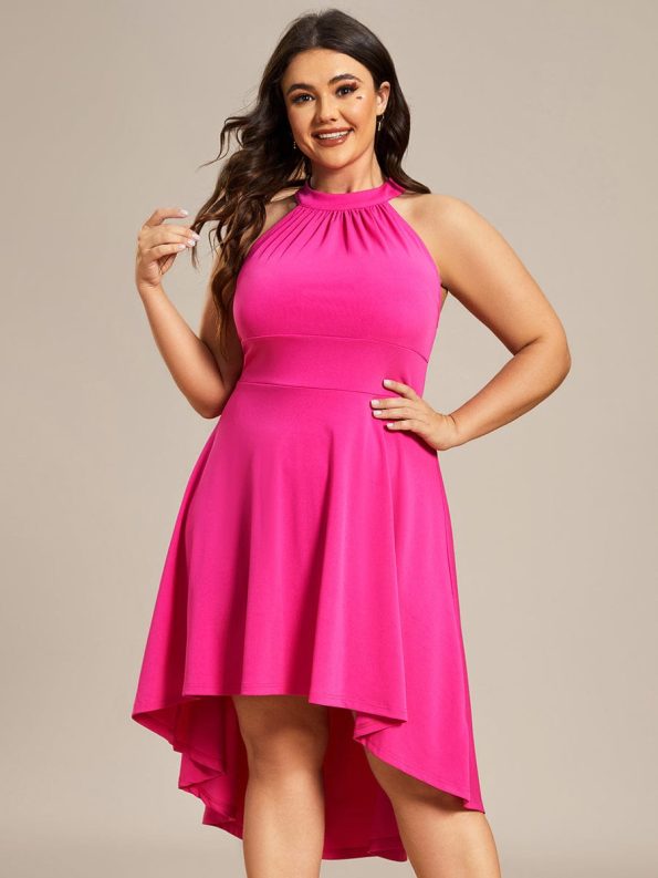 Halterneck Fashion Knee-Length A-Line Wedding Guest Dress - Hot Pink