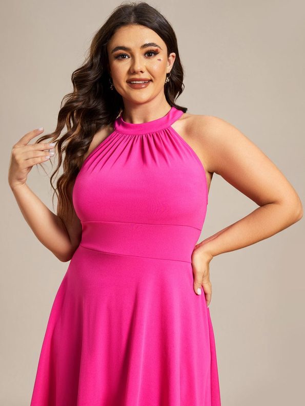 Halterneck Fashion Knee-Length A-Line Wedding Guest Dress - Hot Pink