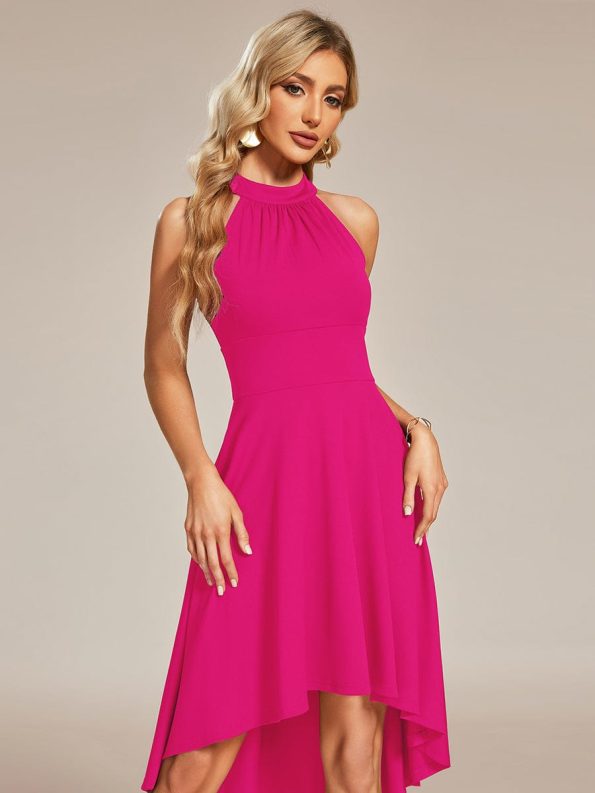 Halterneck Fashion Knee-Length A-Line Wedding Guest Dress - Hot Pink