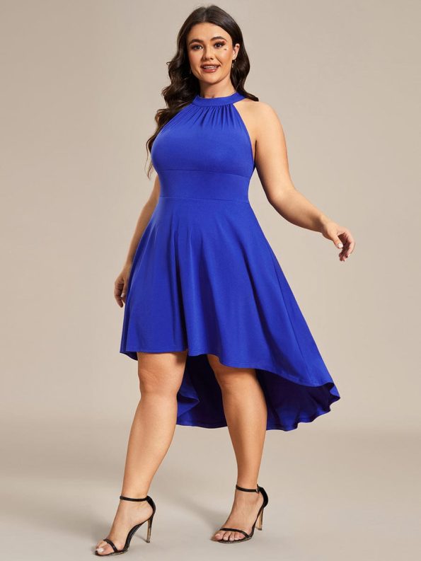 Halterneck Fashion Knee-Length A-Line Wedding Guest Dress - Sapphire Blue