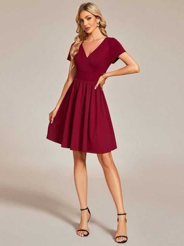 V-Neck Short Sleeves A-Line Mini Summer 2024 Casual Dress - Burgundy