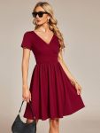 V-Neck Short Sleeves A-Line Mini Summer 2024 Casual Dress – Burgundy