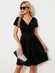 V-Neck Short Sleeves A-Line Mini Summer 2024 Casual Dress – Black