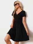 V-Neck Short Sleeves A-Line Mini Summer 2024 Casual Dress – Black