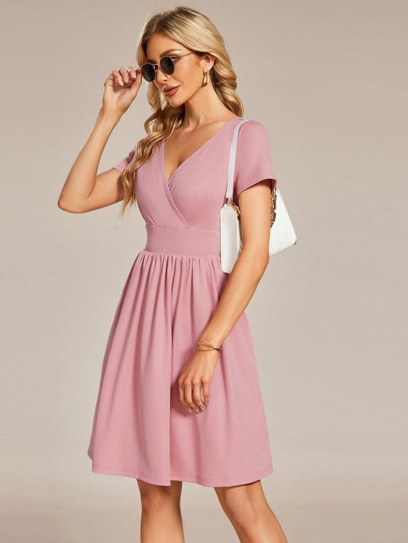 V-Neck Short Sleeves A-Line Mini Summer 2024 Casual Dress - Dusty Rose