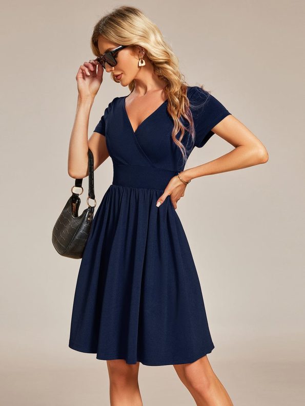 V-Neck Short Sleeves A-Line Mini Summer 2024 Casual Dress - Navy Blue