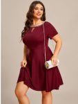 Rhinestone Neckline Short Sleeves A-Line Mini Summer 2024 Casual Dresses – Burgundy