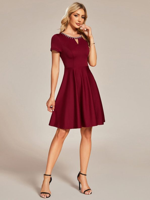 Rhinestone Neckline Short Sleeves A-Line Mini Summer 2024 Casual Dresses - Burgundy