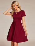 Rhinestone Neckline Short Sleeves A-Line Mini Summer 2024 Casual Dresses – Burgundy