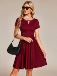 Rhinestone Neckline Short Sleeves A-Line Mini Summer 2024 Casual Dresses – Burgundy