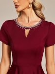 Rhinestone Neckline Short Sleeves A-Line Mini Summer 2024 Casual Dresses – Burgundy