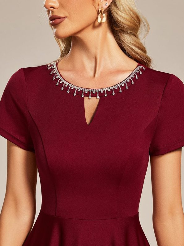 Rhinestone Neckline Short Sleeves A-Line Mini Summer 2024 Casual Dresses - Burgundy