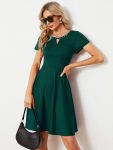 Rhinestone Neckline Short Sleeves A-Line Mini Summer 2024 Casual Dresses – Dark Green