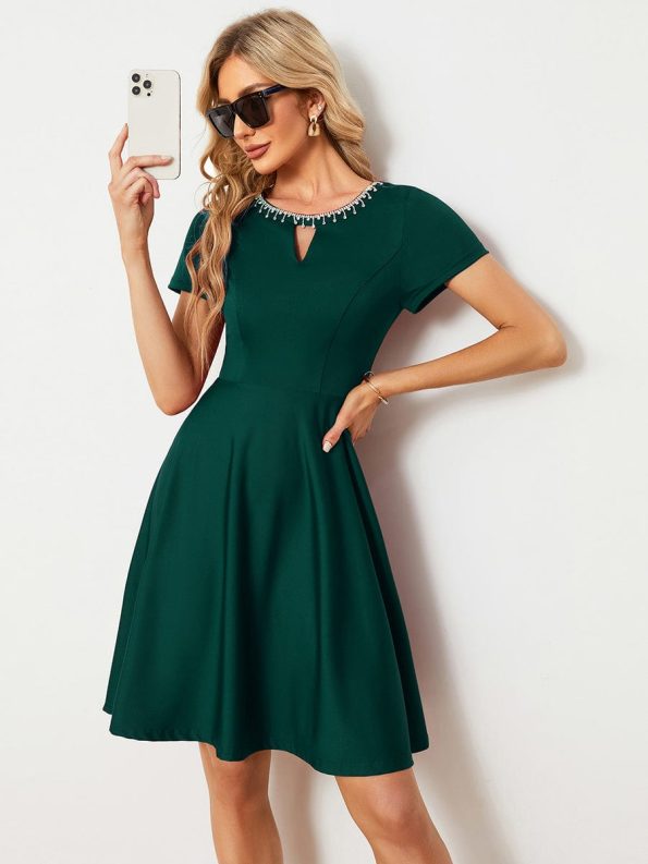 Rhinestone Neckline Short Sleeves A-Line Mini Summer 2024 Casual Dresses - Dark Green