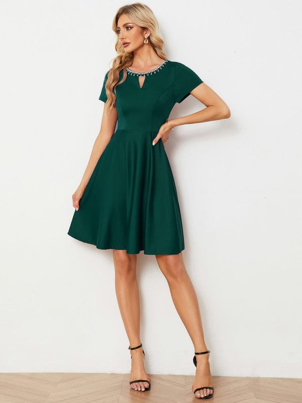 Rhinestone Neckline Short Sleeves A-Line Mini Summer 2024 Casual Dresses - Dark Green