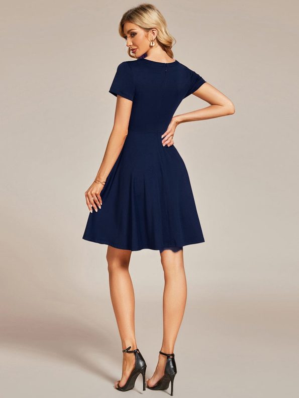 Rhinestone Neckline Short Sleeves A-Line Mini Summer 2024 Casual Dresses - Navy Blue