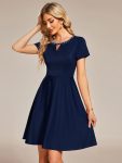 Rhinestone Neckline Short Sleeves A-Line Mini Summer 2024 Casual Dresses – Navy Blue