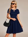 Rhinestone Neckline Short Sleeves A-Line Mini Summer 2024 Casual Dresses – Navy Blue