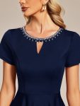 Rhinestone Neckline Short Sleeves A-Line Mini Summer 2024 Casual Dresses – Navy Blue