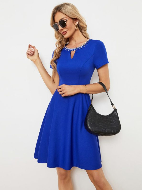 Rhinestone Neckline Short Sleeves A-Line Mini Summer 2024 Casual Dresses - Sapphire Blue