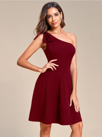 One Shoulder with Bowknot Sleeveless A-Line Summer Mini Dress - Burgundy