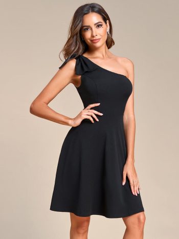One Shoulder with Bowknot Sleeveless A-Line Summer Mini Dress - Black