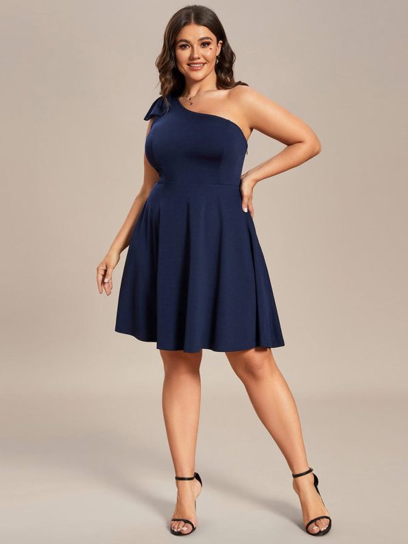 One Shoulder with Bowknot Sleeveless A-Line Summer Mini Dress - Navy Blue