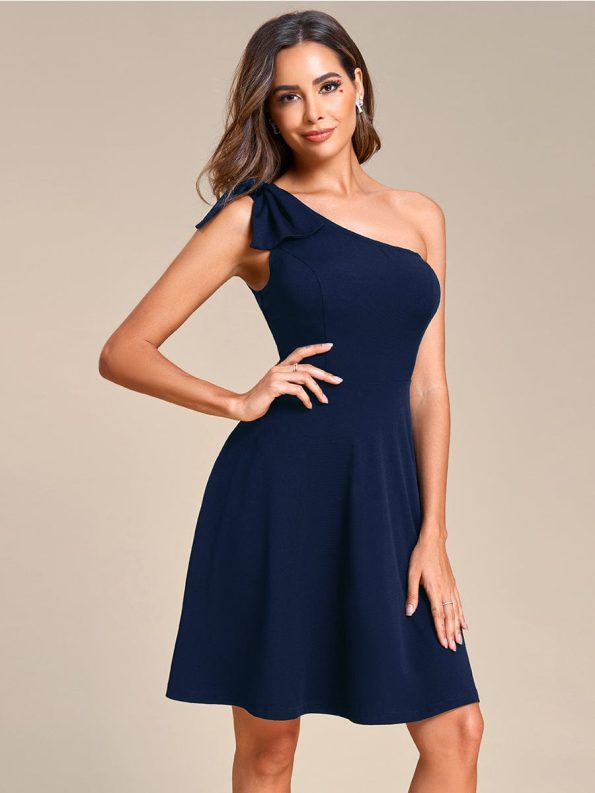 One Shoulder with Bowknot Sleeveless A-Line Summer Mini Dress - Navy Blue