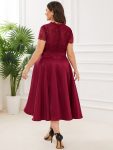 Plus Size V-neck Lace Bodice A-line Cocktail Dress with Pockets – Burgundy